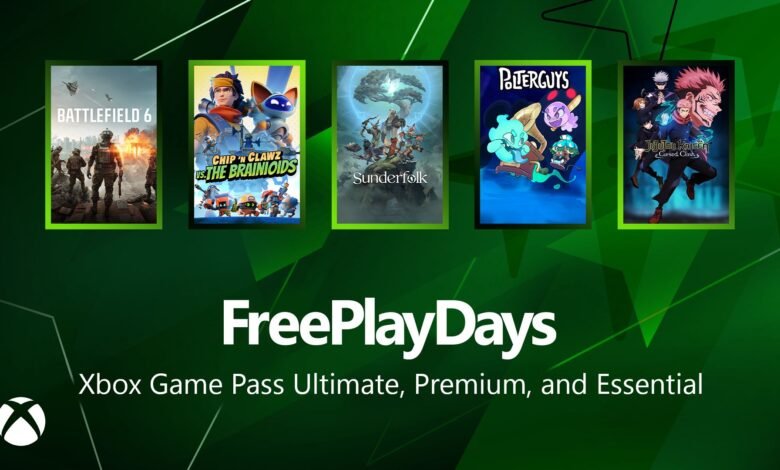 Xbox Free Play Days promotion featuring five game titles.