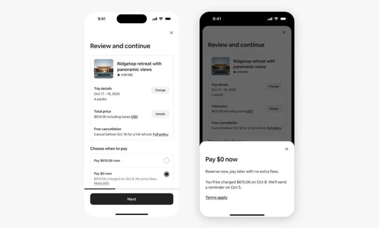 Airbnb app showing payment options: pay now or pay later for Ridgetop retreat.