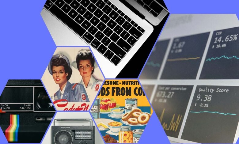 Collage of vintage and modern items in a hexagonal pattern.