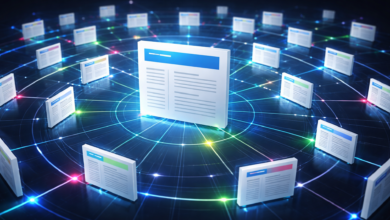 Network of interconnected web pages with a central, prominent page.