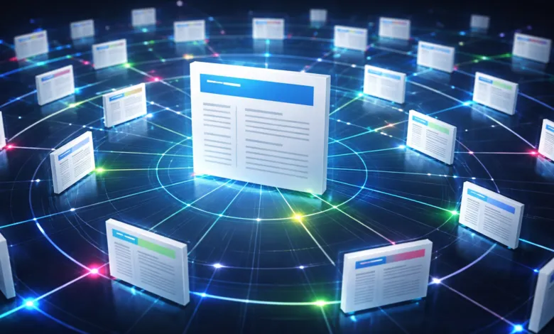 Network of interconnected web pages with a central, prominent page.