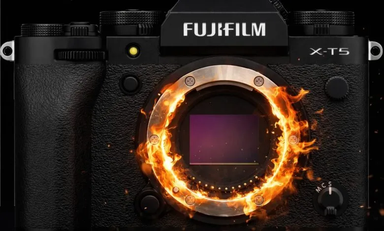 Close-up of a Fujifilm X-T5 camera with a ring of fire around the lens mount.