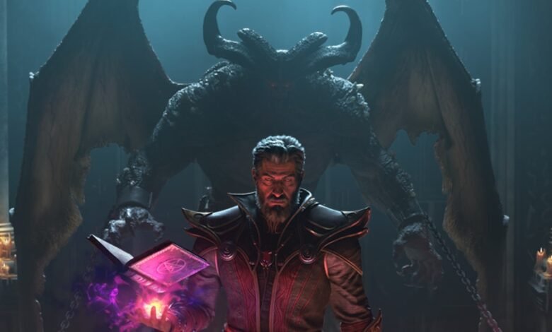 A sorcerer summons a demon with a glowing spellbook in a dark chamber.