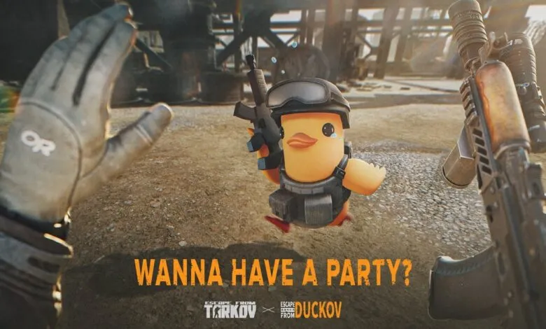 Armed cartoon duck with tactical gear and rifle in a gritty, realistic environment.