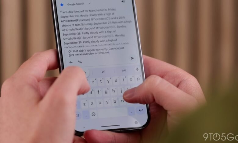 Person typing on Gboard with Gemini integration, showing weather forecast.