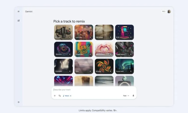 Gemini app interface showing options to pick a track to remix.