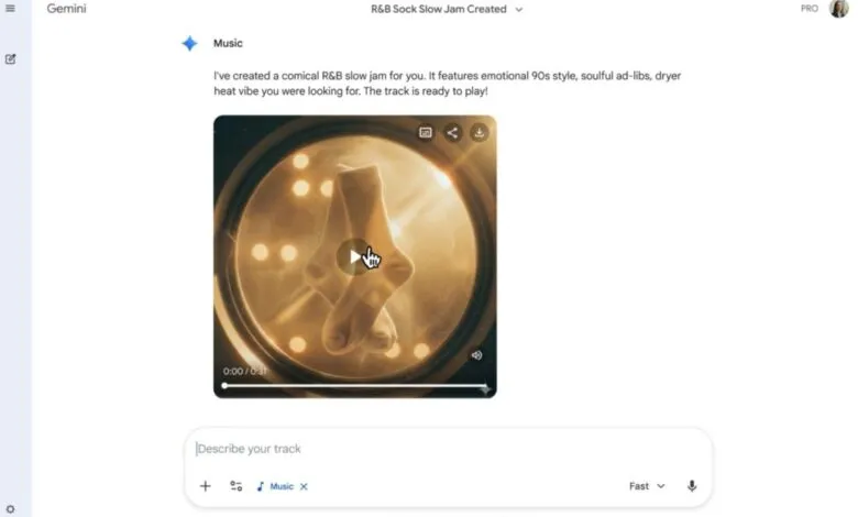Gemini app interface showing a generated R&B song with socks in a dryer.