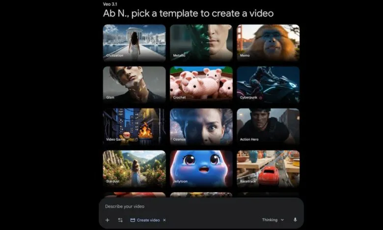 Veo 3.1 interface showing video template options like Civilization, Metallic, and Crochet.