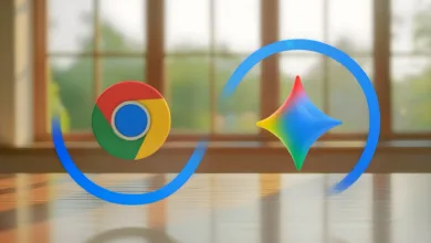 Chrome and Gemini logos connected by a blue arc on a reflective surface.