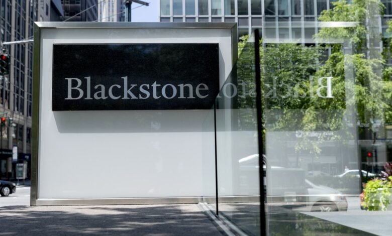 Blackstone company sign outside their office building in New York City.