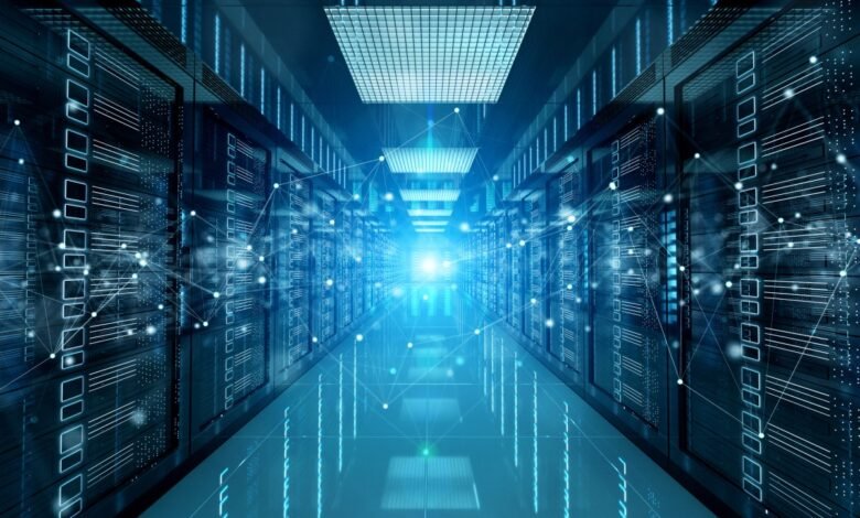 Server room with rows of data storage racks and network connections.