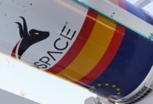 Close-up of Miura 1 rocket with Spanish and EU flags.