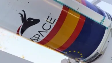 Close-up of Miura 1 rocket with Spanish and EU flags.