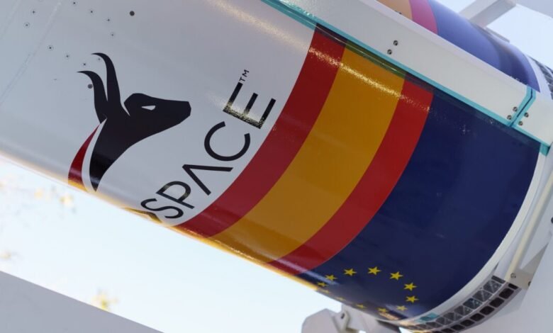 Close-up of Miura 1 rocket with Spanish and EU flags.