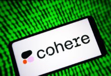 Smartphone displays the Cohere logo against a green digital background.