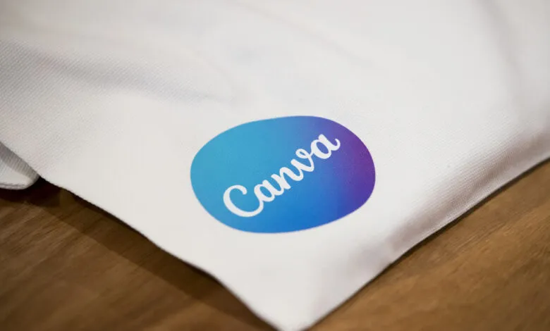 Canva logo on a white bag, resting on a wooden surface.