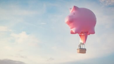 Pink piggy bank hot air balloon floats in blue sky.