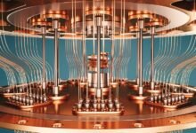 Close-up of a complex quantum computing system with copper wiring and components.