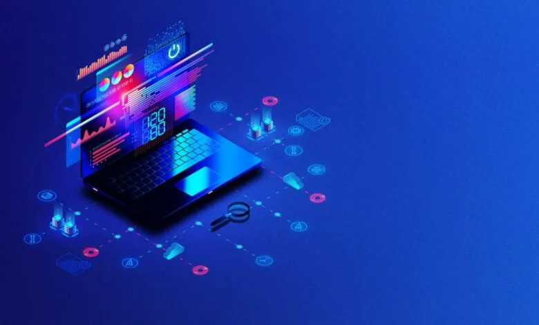 Isometric laptop with data visualizations and connected icons on blue background.