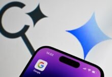 Close-up of iPhone screen showing Google app icon with Google logo in background.