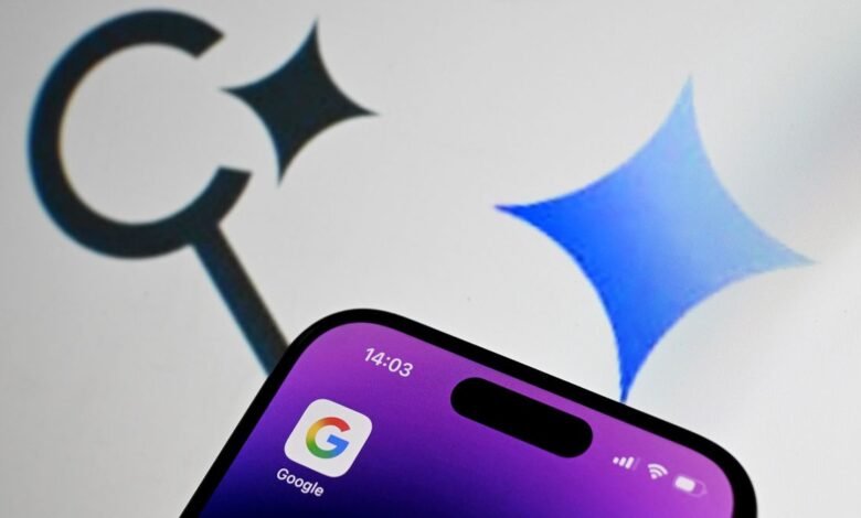 Close-up of iPhone screen showing Google app icon with Google logo in background.