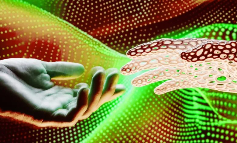 Human hand reaches towards a digital, lattice-like hand against a dotted backdrop.