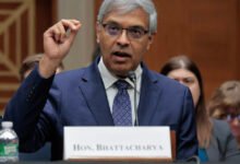 Jayanta Bhattacharya testifies at Senate hearing, raising his hand.