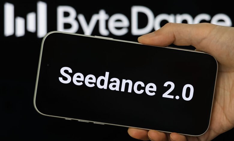 Smartphone displays 'Seedance 2.0' with ByteDance logo in background.