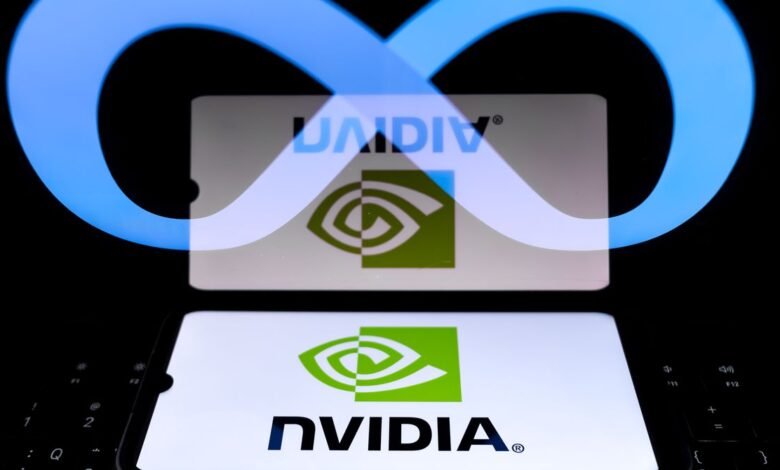 NVIDIA logo on phone screen with Meta logo in background.