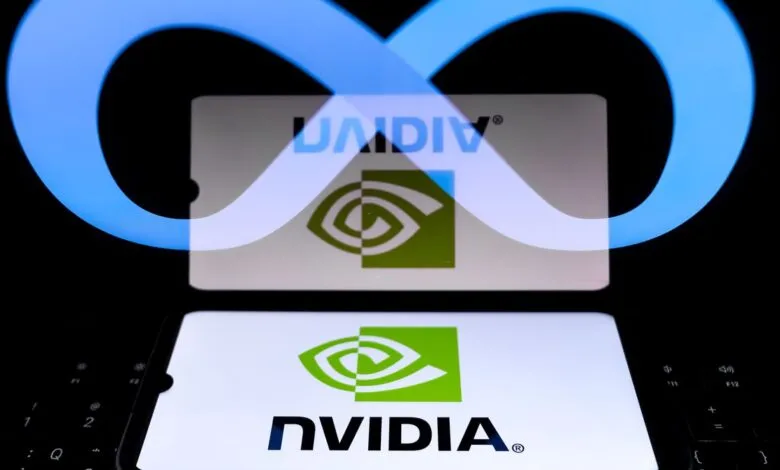 NVIDIA logo on phone screen with Meta logo in background.