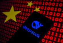 Deepseek logo on phone with Chinese flag and binary code background.