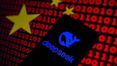 Deepseek logo on phone with Chinese flag and binary code background.