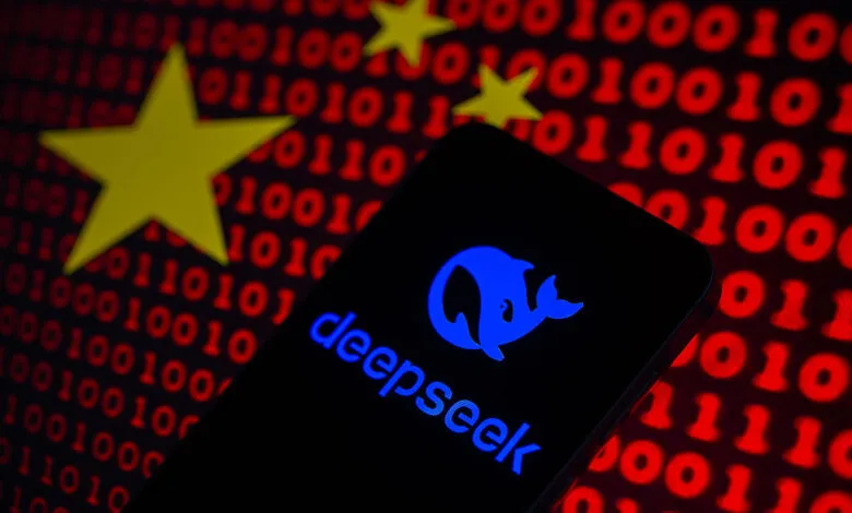 Deepseek logo on phone with Chinese flag and binary code background.
