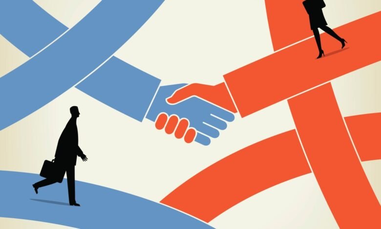 Abstract illustration of business people navigating to a handshake.