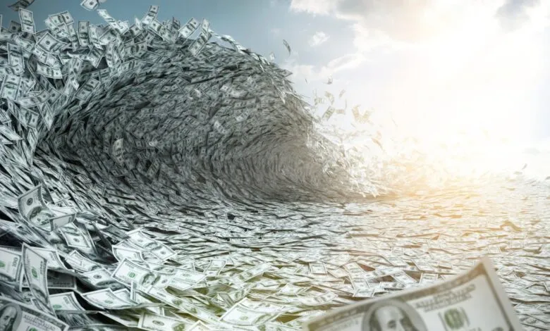 Wave of hundred dollar bills crashing onto a sea of money under a bright sky.