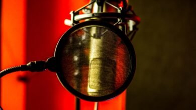 Studio microphone with pop filter, illuminated by red and gold lighting.