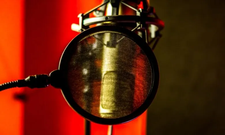 Studio microphone with pop filter, illuminated by red and gold lighting.