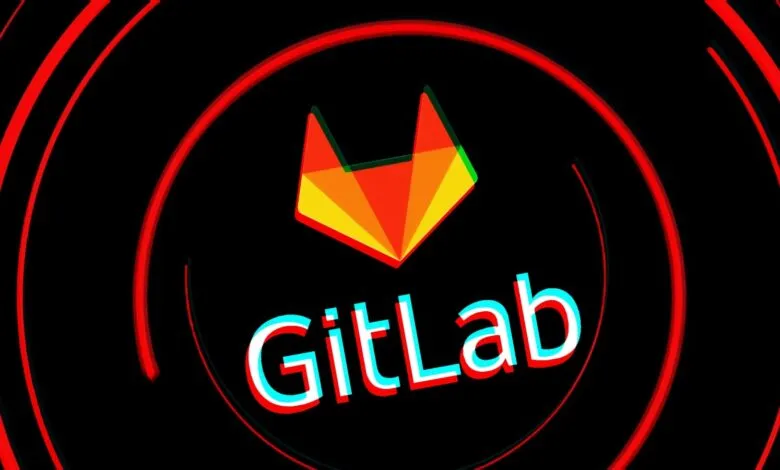 GitLab logo with red and cyan 3D effect on a black background with red circles.