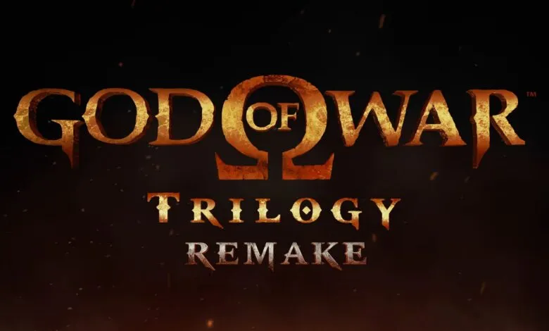 God of War Trilogy Remake logo with fiery, textured lettering.