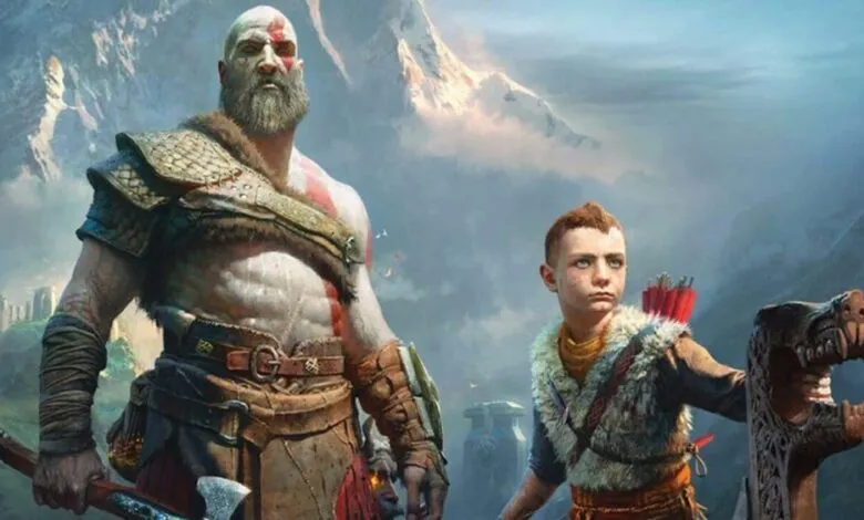 Kratos and Atreus stand together in a mountainous landscape.