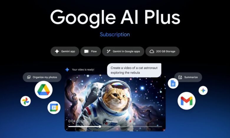Google AI Plus subscription featuring a cat astronaut video.