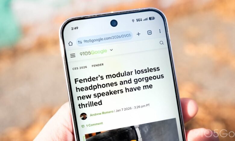Smartphone displaying a 9to5Google article about Fender headphones.