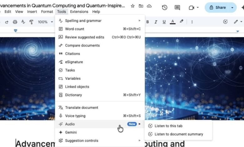 Google Docs interface showing the 'Audio' option under the 'Tools' menu.