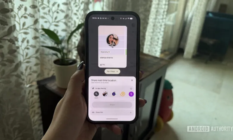 Phone displaying Google Maps location sharing feature with Adamya Sharma.