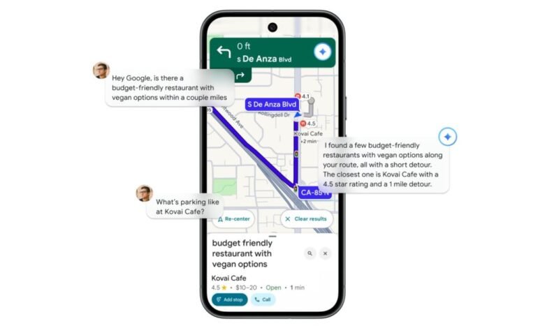 Google Maps navigation showing Gemini integration with conversational search for restaurants.