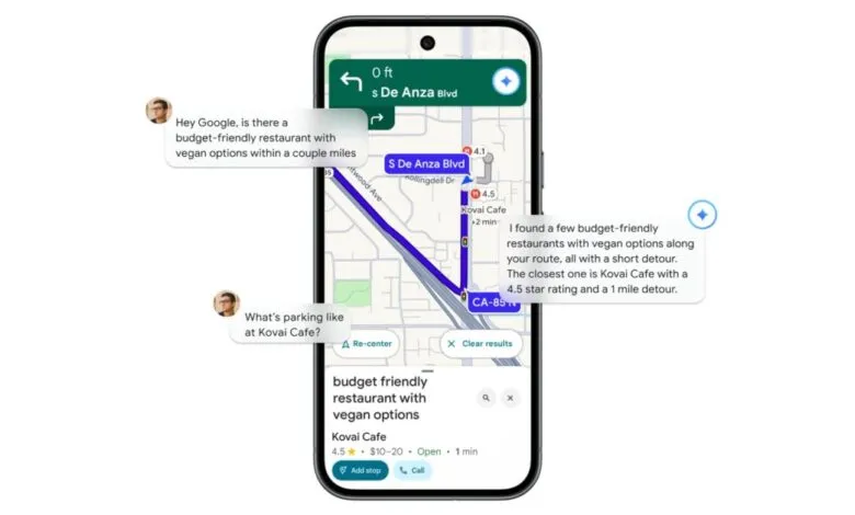 Google Maps navigation showing Gemini integration with conversational search for restaurants.