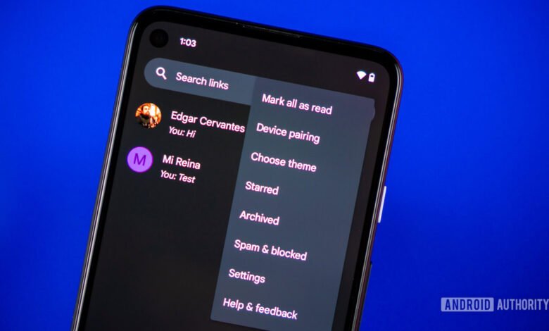 Google Messages app interface showing conversation list and options menu.