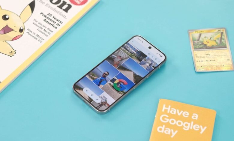 Smartphone displaying Google Photos album, surrounded by Pokémon and Google items.