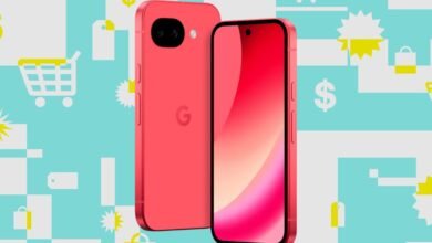 Coral Google Pixel phone on a shopping-themed background.