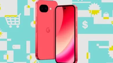 Coral Google Pixel phone on a shopping-themed background.